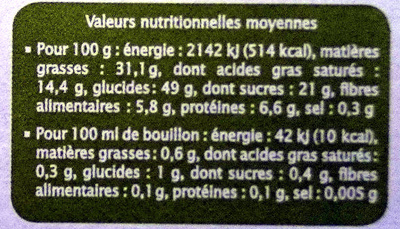 Bouillon cube légumes sans sel - Informations nutritionnelles - fr