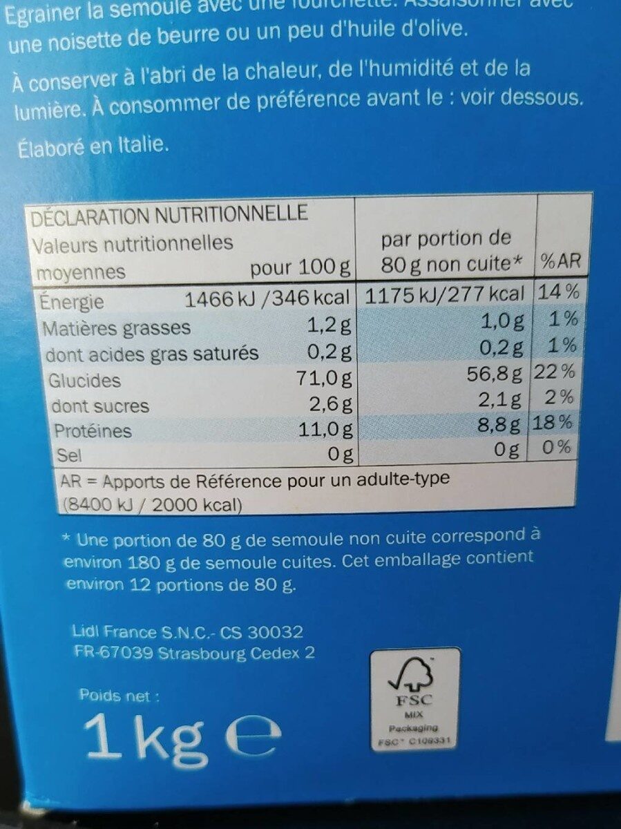 Couscous - Tableau nutritionnel - fr