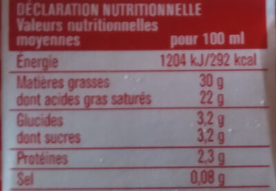 Crème entière liquide 30%MG - Tableau nutritionnel - fr