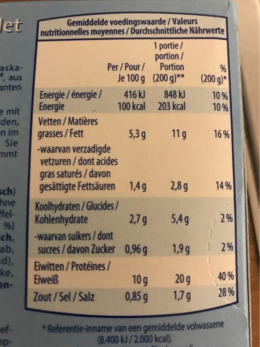 Filet de poisson "Bordelaise" - Tableau nutritionnel - fr