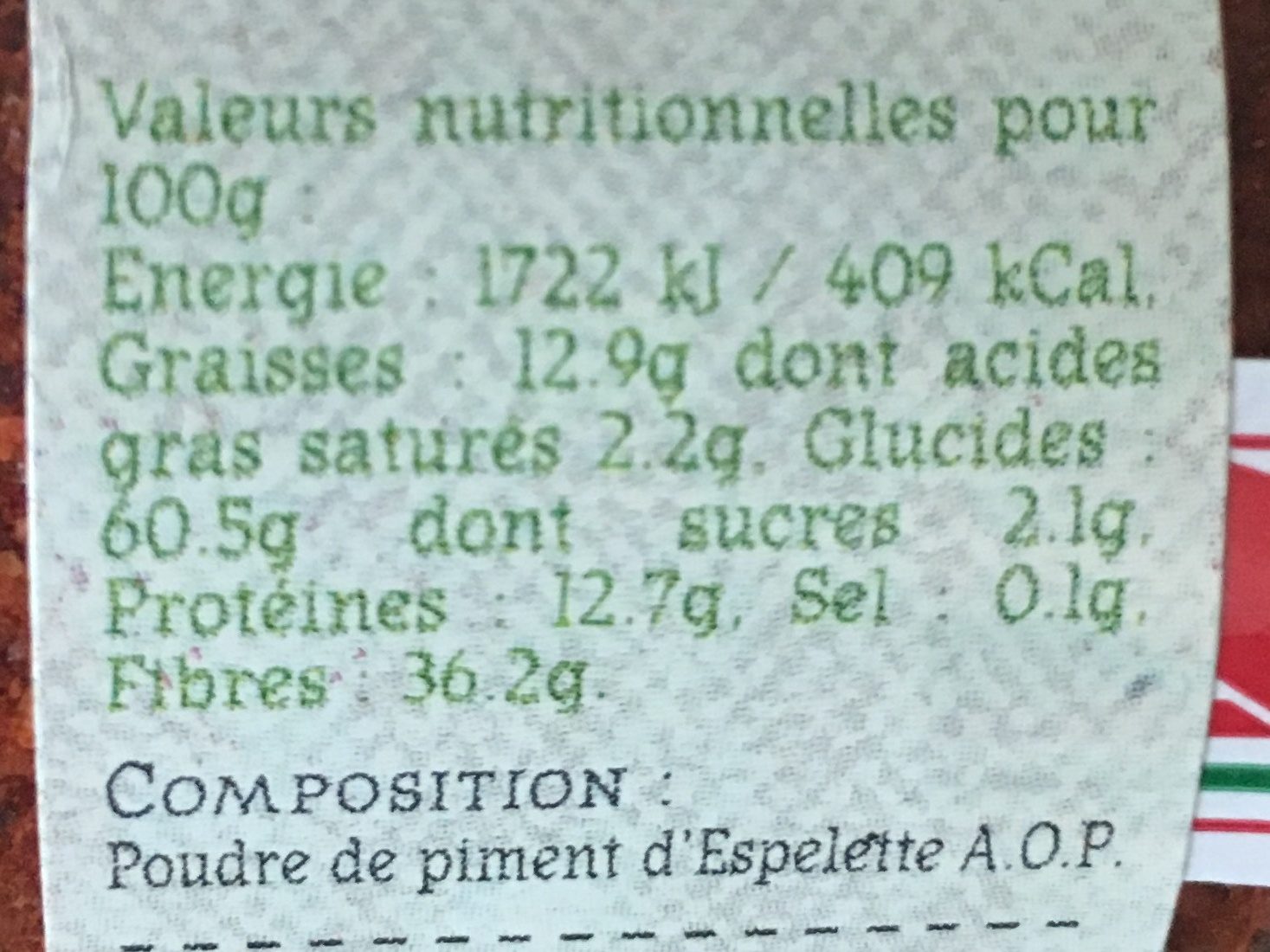 Poudre de piment d’espelette - Tableau nutritionnel - fr