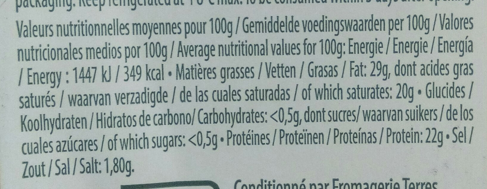 Raclette (30% MG) Saveur d'Antan au lait entier - 350 g - EntreMont - Tableau nutritionnel - fr