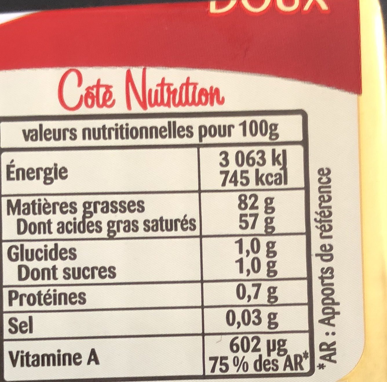 Beurre doux gastronomique - Tableau nutritionnel - fr