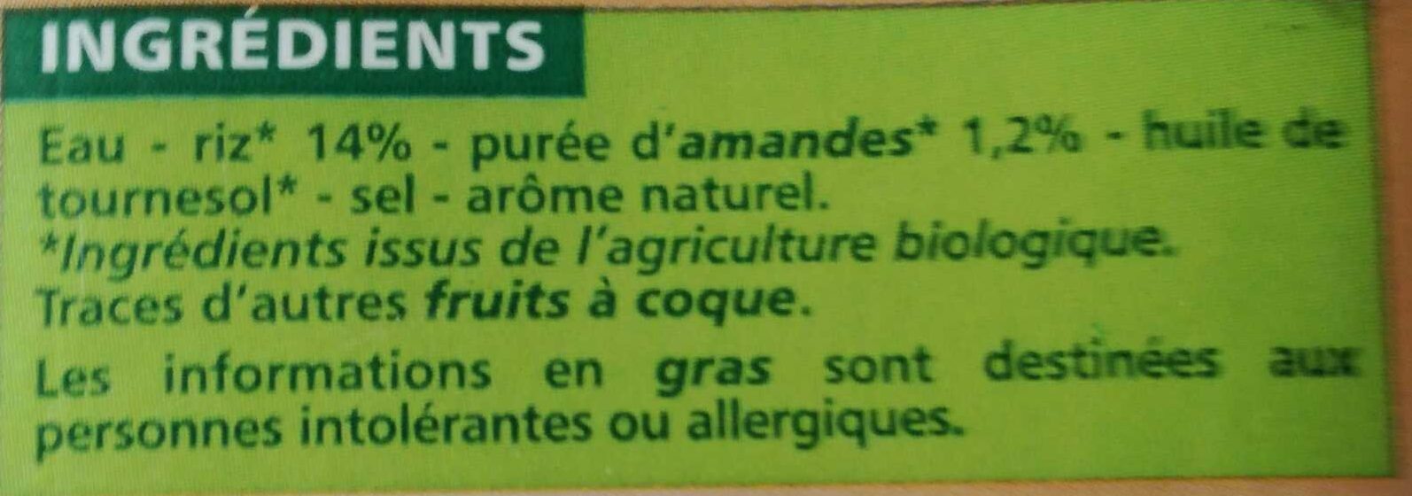 Boisson Riz Amande Sans sucres ajoutés - Ingrédients - fr