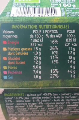 Mélange Quinoa, légumes et fruits secs Bio - Tableau nutritionnel - fr