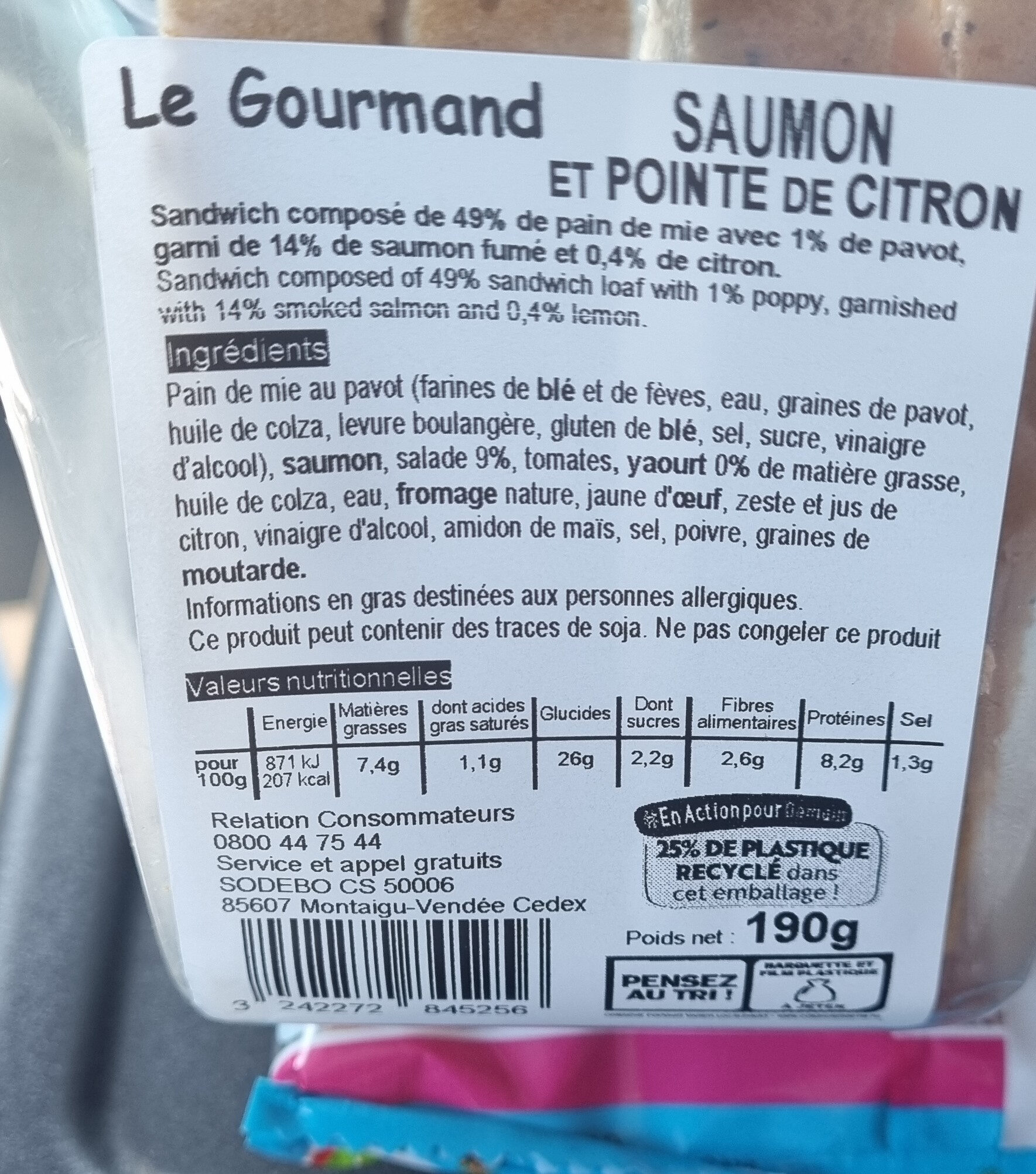 Sandwich Le Gourmand Club - Saumon fumé Pointe de citron - Tableau nutritionnel - fr