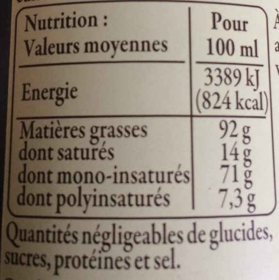 Huile d' olive de Provence AOC - Informations nutritionnelles - fr