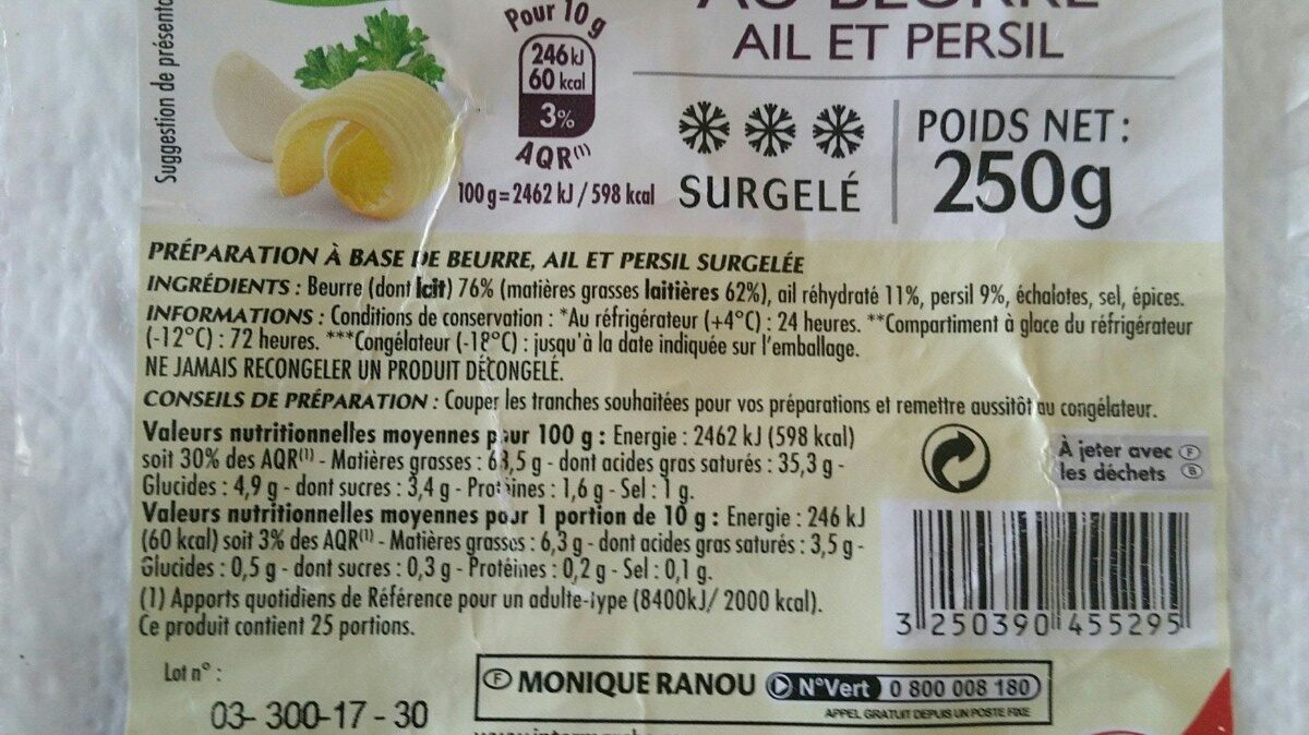 Beurre Persillé Surgelé - Ingrédients - fr