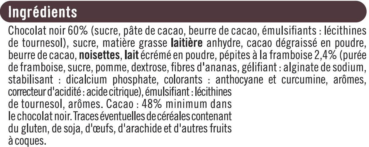 Tablette de chocolat noir fourré et pépites à la framboise - Ingrédients - fr