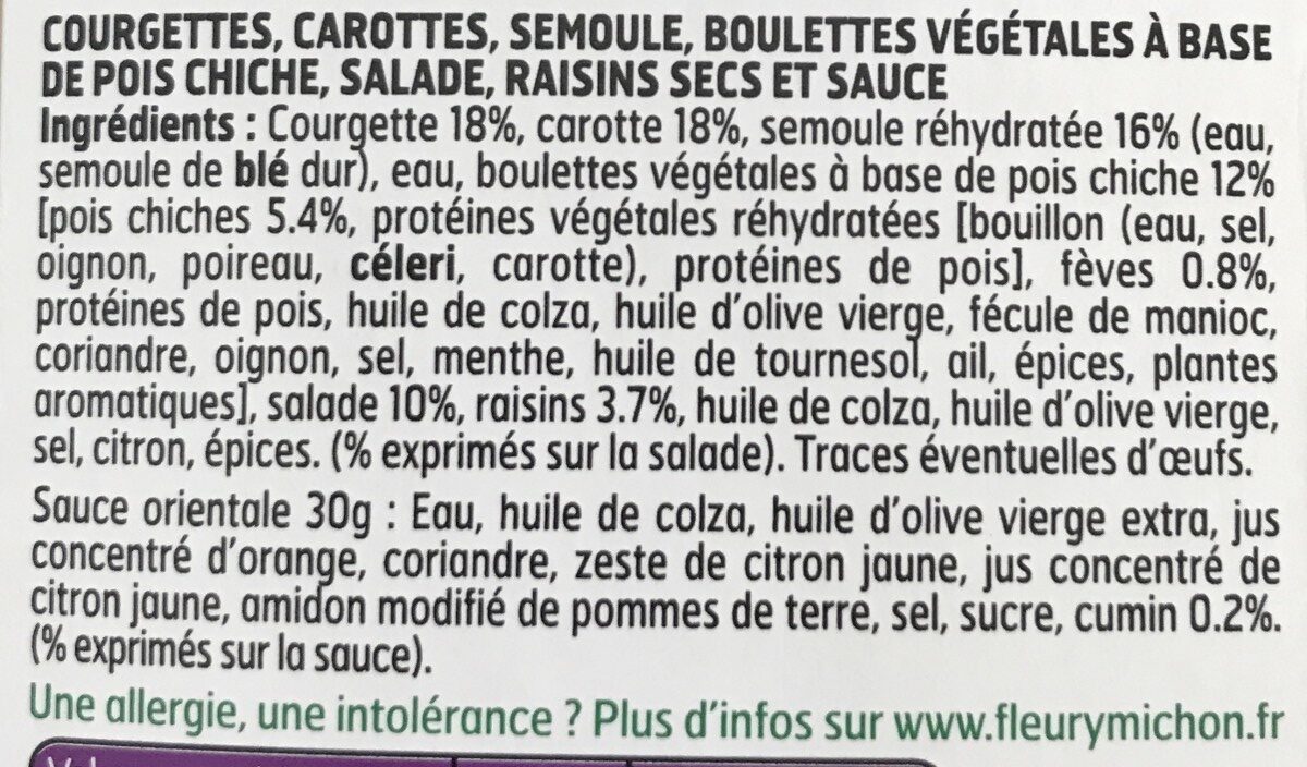 SALAD JAR - L'Orientale - Falafels, semoule, courgettes, carottes, raisins secs, sauce épice douce - Ingrédients - fr