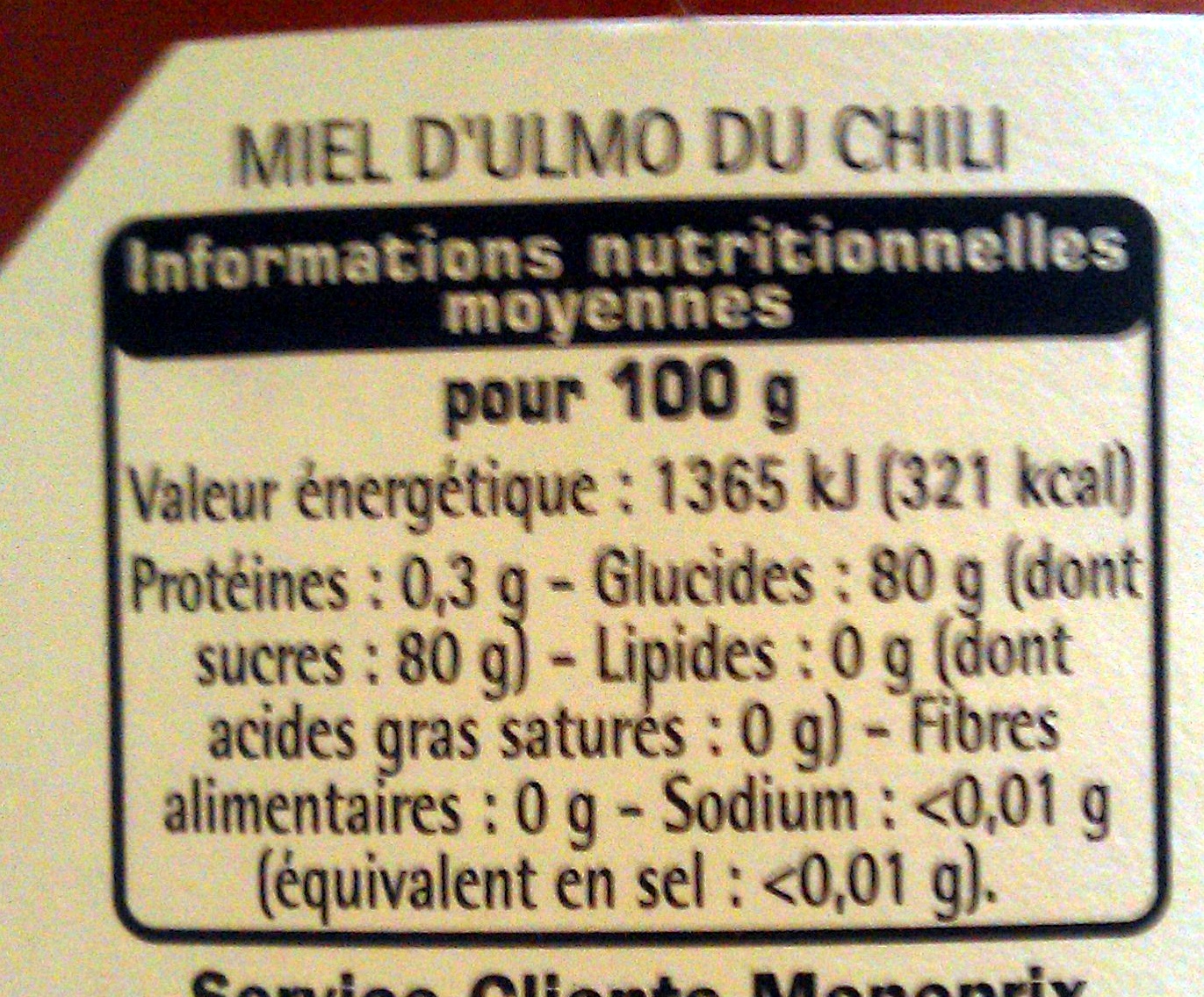 Miel d'ulmo du Chili - Informations nutritionnelles - fr