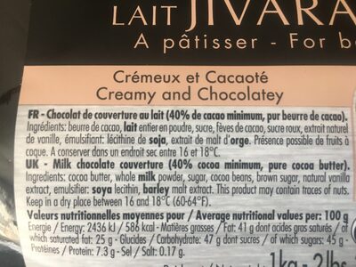 Chocolat Lait Jivara 40% - Ingrédients - fr
