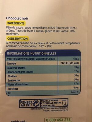 Chocolat noir - Informations nutritionnelles