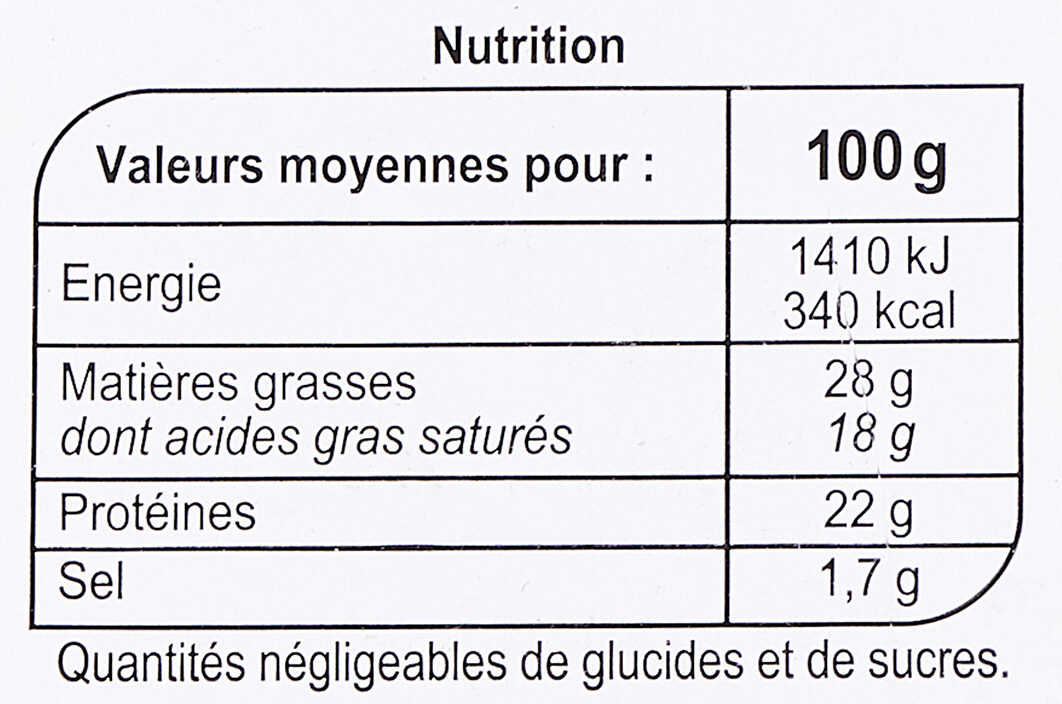 Raclette classique Sans croute - Tableau nutritionnel - fr