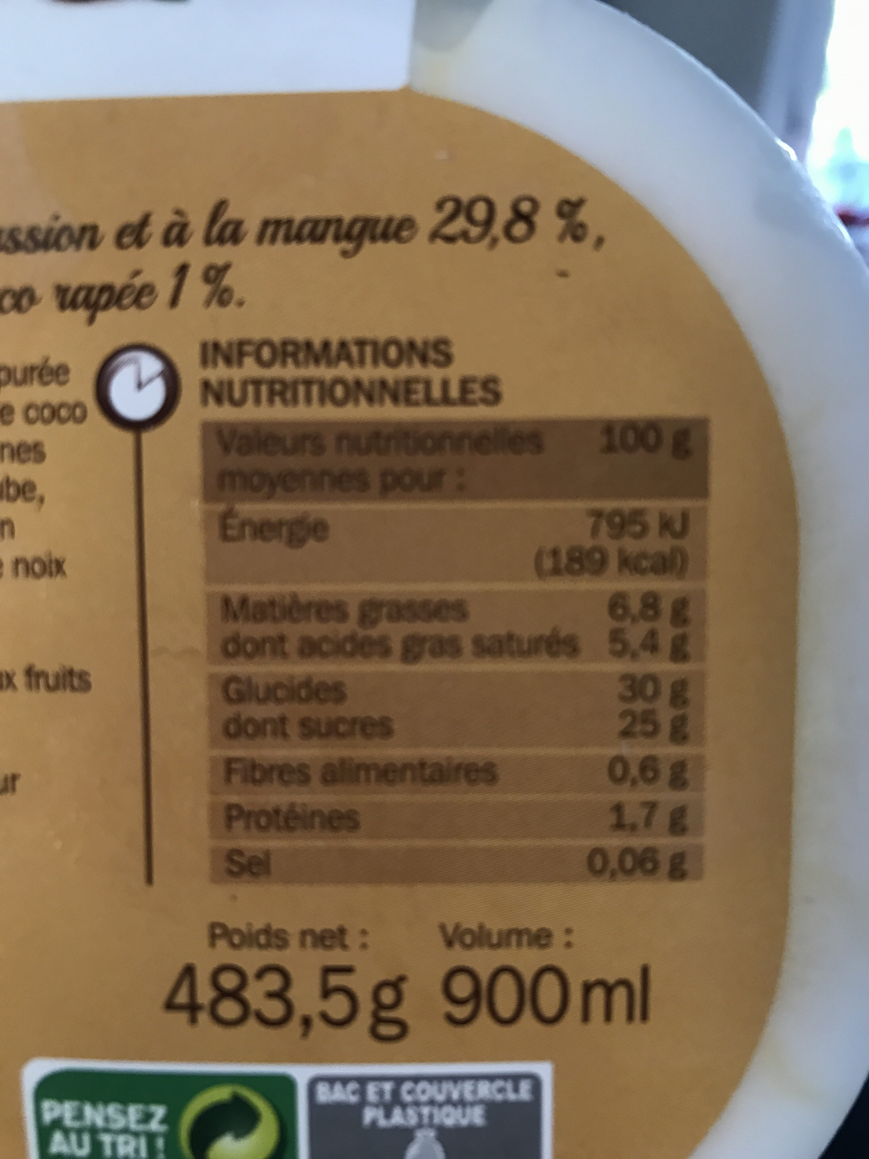 Vrac noix de coco et sorbet mangue passion - Informations nutritionnelles - fr