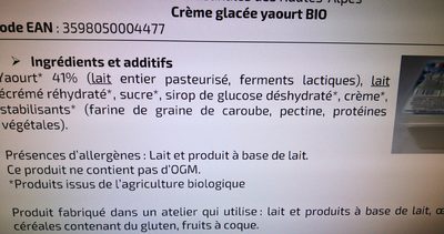 Crème glacée artisanale Bio Yaourt - Ingrédients