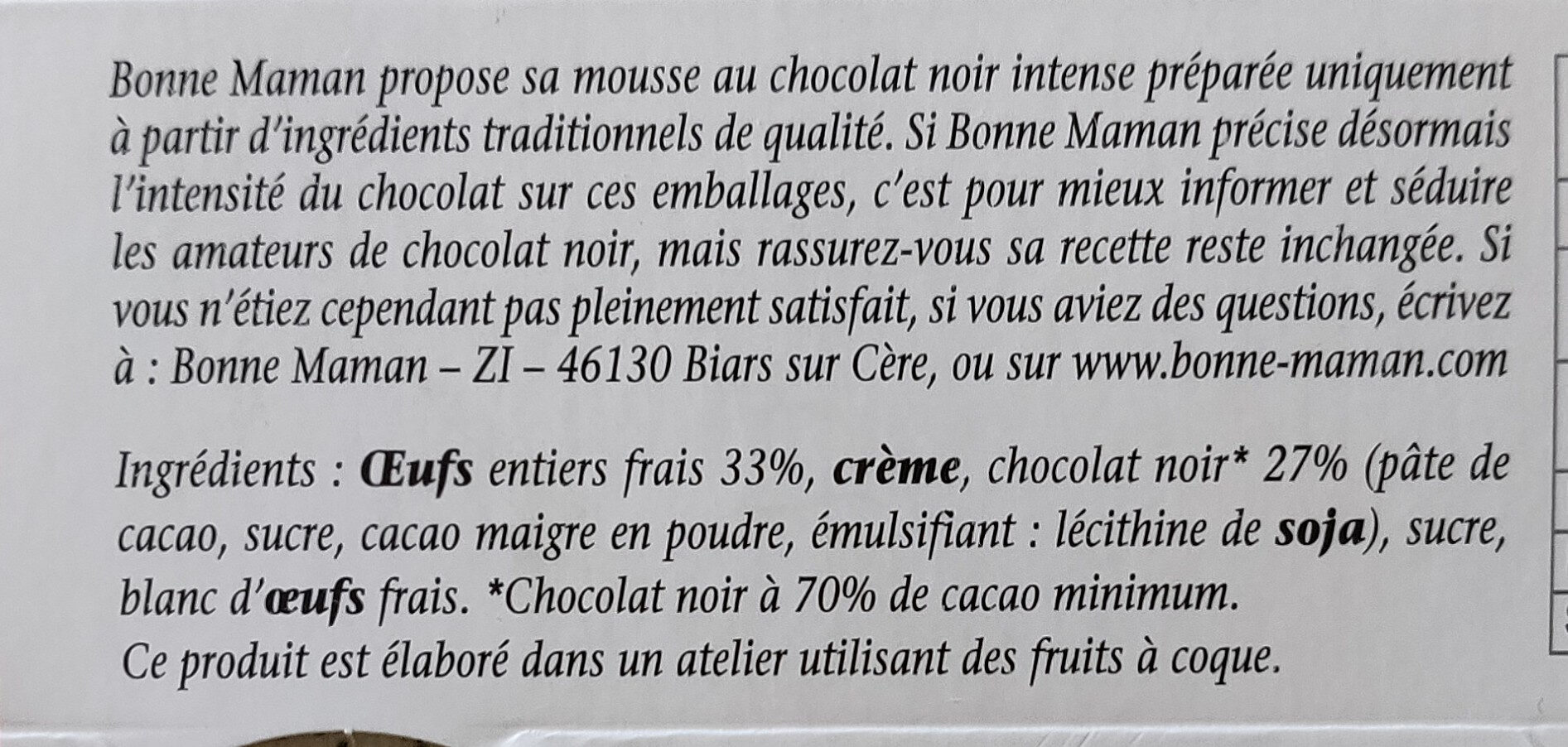 Mousse chocolat noir intense 4 x 50 g - Ingrédients - fr