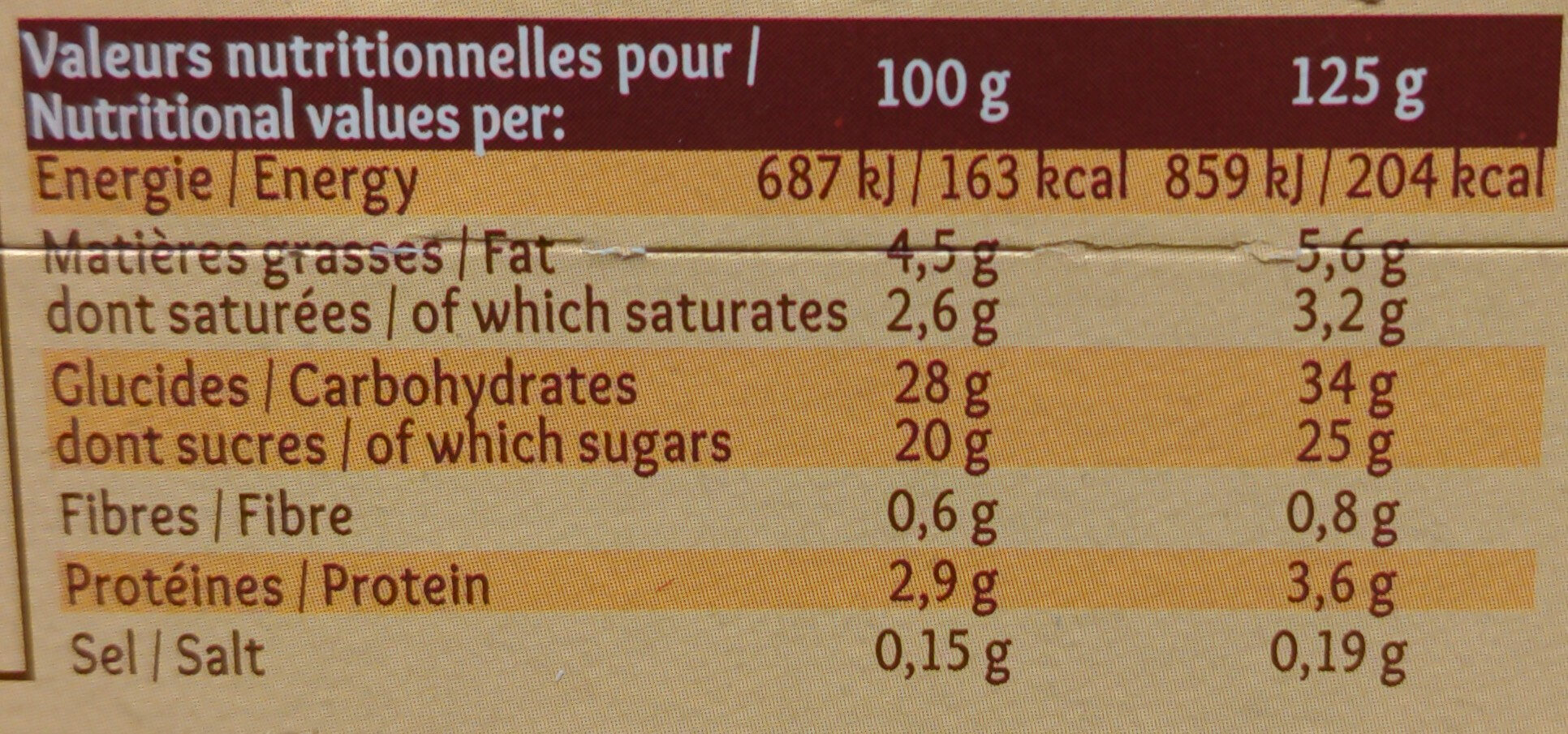 Gâteau de Riz nappage Caramel (4 pots) - Tableau nutritionnel - fr