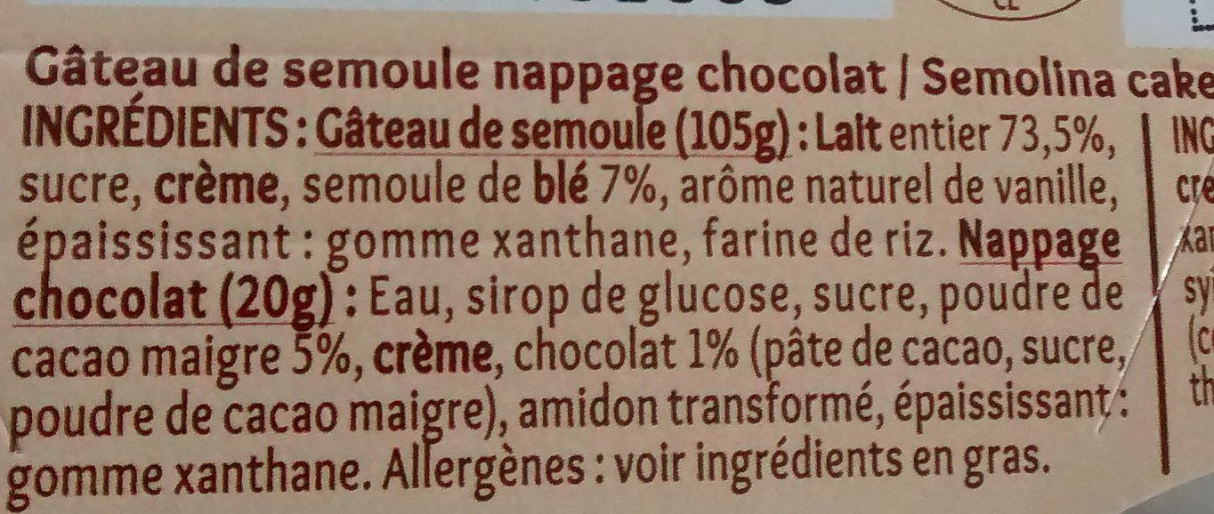 Gâteau de Semoule nappage Chocolat - Ingrédients - fr