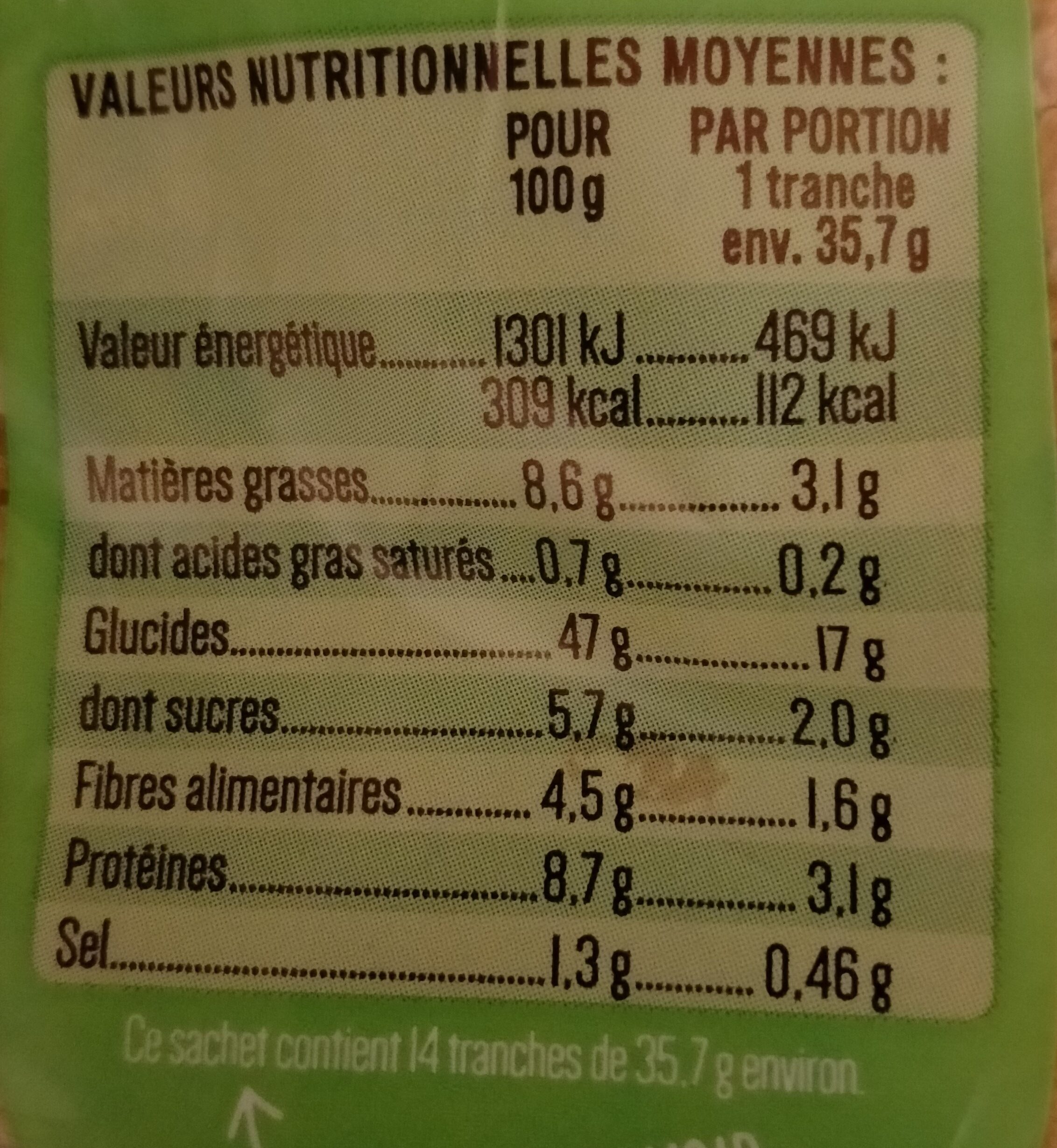 Pain de mie bio Céréales et graines - Tableau nutritionnel - fr