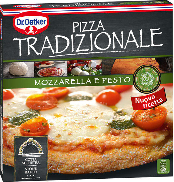 Mozzarella pizza con queso mozzarella tomate cherry y pesto - Produit - sv