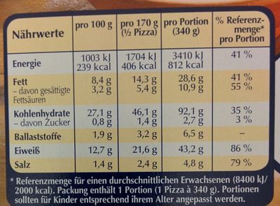 Pizza au Thon et aux Herbes - Tableau nutritionnel