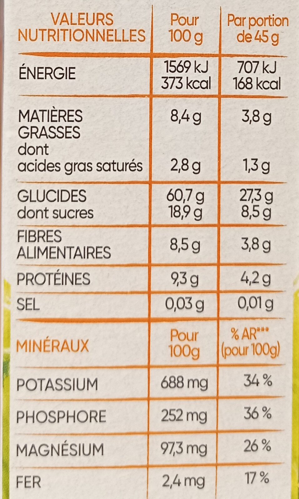 Muesli bio 36% fruits, noix & graines - Tableau nutritionnel - fr