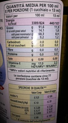 Olio extravergine di oliva 100% italiano - Tableau nutritionnel
