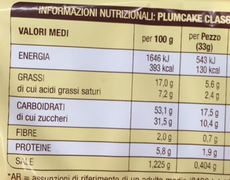 Plumcake Classico - Tableau nutritionnel - fr