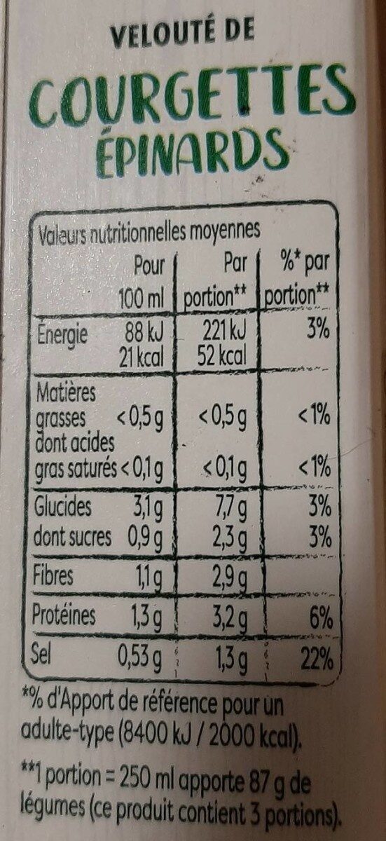 Knorr Et c'est tout Soupe Bio Liquide Velouté Courgettes Epinards Bouteille de - Informations nutritionnelles - fr