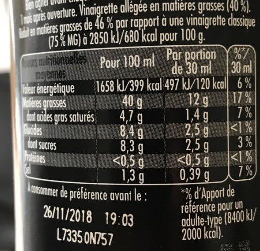 Maille Vinaigrette Légère Basilic Pointe de Miel Zeste de Citron 36cL - Informations nutritionnelles - fr